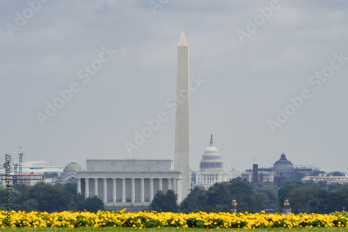 Washington DC skyline with major monumental buildings including Lincoln Memorial and Washington Monument and the Capitol - Washington DC United States
