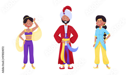 Arabian Fairy Tale Character with Arab Man and Woman Dressed in Fancy Apparel Vector Set
