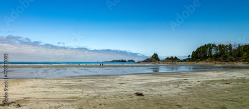 Panoramic view of the world famous surfing beach of Tofino, Vancouver Island, BC, Canada