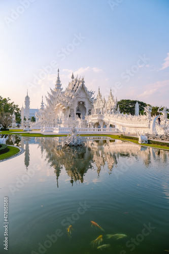 Chiang Rai Thailand, white temple Chiangrai during sunset, Wat Rong Khun, aka The White Temple, in Chiang Rai, Thailand. Panorama white temple Thailand