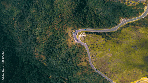 Aerial view of a curvy road on a mountain in cherrapunji, Meghalaya, India