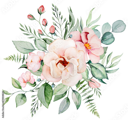 Watercolor light pink flowers and green leaves bouquet illustration