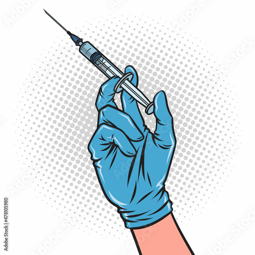 Hand in medical glove with syringe. Vaccination concept. Comic pop art vector illustration.