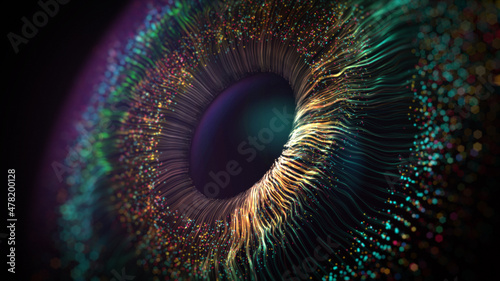 Human multicolored iris of the eye animation concept. Rainbow lines after a flash scatter out of a bright white circle and forming volumetric a human eye iris and pupil. 3d rendering background in 4K
