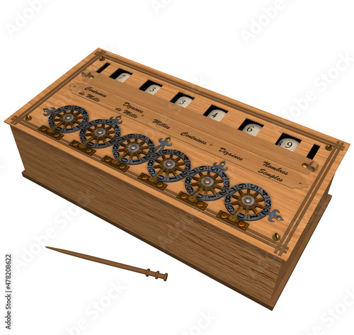 Pascaline. 3D illustration of a Mechanical Calculating Device, designed and created by the famous French Mathematician and Inventor Blaise Pascal.