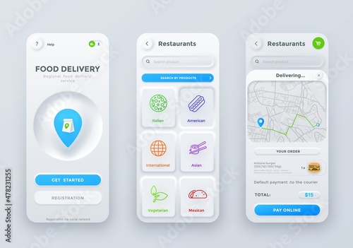 Neumorphic food order and delivery application interface. Vector ui, ux or gui of mobile app touch screen of fast food restaurant or cafe online order service, registration, search, menu page