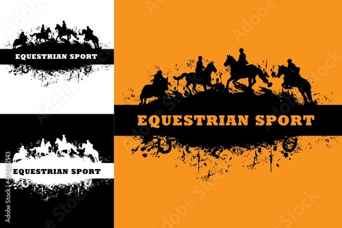 Horse racing and riding, grunge equestrian sport banners, vector. Jockey polo club emblem or equine steeplechase races tournament silhouette of horses trotters and riders on hippodrome