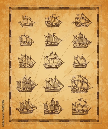 Vintage map sail ships, sailboat, brigantine sketch. Vector engraved sea vessels on ancient torn brown papyrus. Engraving retro schooner, corvette and brig, galleon and caravel, clipper of pirate map