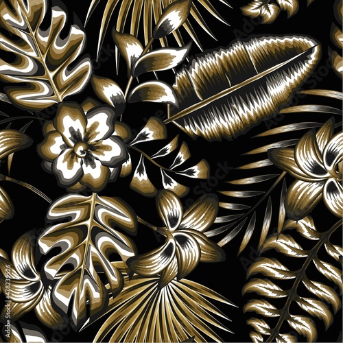 gold luxury monochromatic tropical floral seamless pattern with plants leaves and foliage on night background. Paradise nature. Design for fabric, wallpaper or wrap papers. Botanical pattern. Jungle