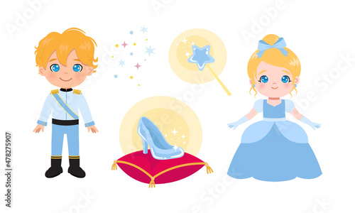 Cute Cinderella princess and prince fairy tale clipart. Flat vector cartoon design