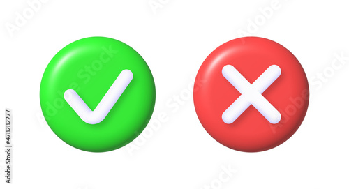 Green check and red cross icons. 3d render illustration isolated on white background.