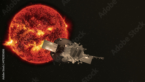 A probe to study the sun, approaching a star. Elements of this image were furnished by NASA. 3d rendering.