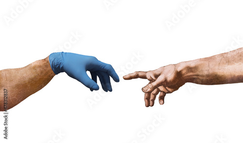 Adam's hand in medical glove and bared hand of God. Touch of the hands. Сoncept of protection against coronavirus. Isolated on white background.