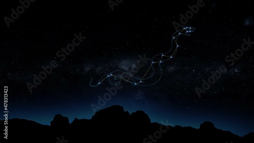 hydra constellation with mountain silhouettes and starry sky in the background