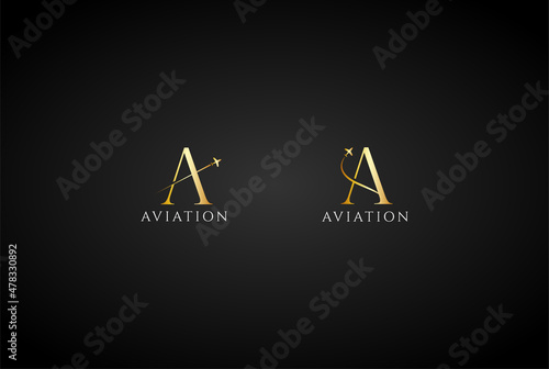 Elegant Luxury Letter A with Jet Plane for Aviation Flight Logo Design