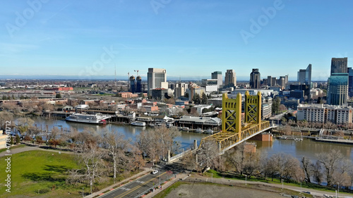 Sacramento, California skyline and river and Old Sacramento.