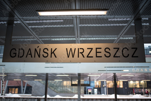 Modern "Gdansk Wrzeszcz" railway platform sign. 