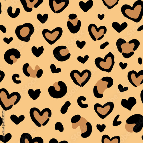 Heart leopard print. Camouflage leopard vector seamless pattern on beige background. Leopard skin texture. Leopard heart pattern on valentine's day.