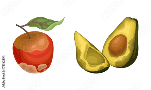 Decomposed Stinky Rotten Fruit with Avocado and Apple Having Bad Spots Vector Set