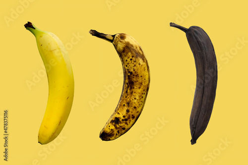 Banana ripeness level, from fresh to rotten on yellow background