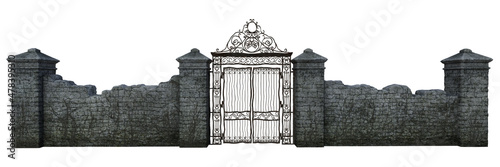 Old black iron closed gate in the middle of a grey stone wall. 3D illustration isolated on white.