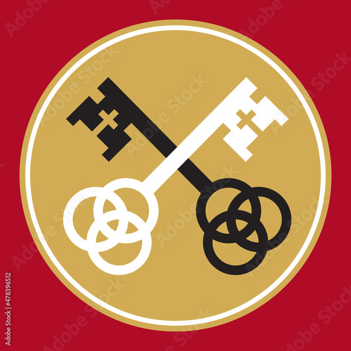 Crossed keys badge or logo design with Christian symbols. Vector illustration of ornate keys representing Saint Peter. Key includes three interlocking circles for the trinity and Christian cross.