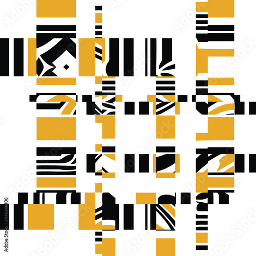 Vector geometric seamless pattern with abstract squares. Modern stylish background. Black and golden yellow. Wallpaper, card, wrapping, paper, scarf printing, textile fashion, fabric pattern, marble