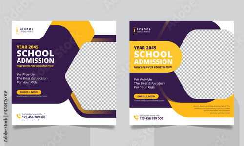 School admission social media post banner, educational social media post square flyer back to school web banner design template.