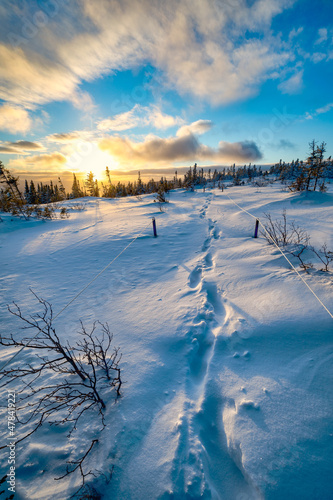 Footsteps in the snow that leads toward the sun, on a cold weather day, at dusk