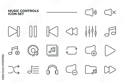 simple set of Music Controls vector icons with editable line styles covering volume, pause, mute and other. isolated on white background. 