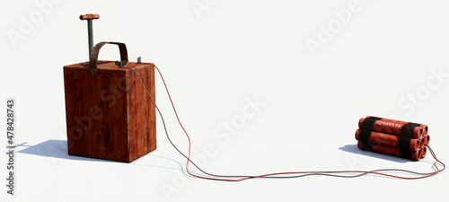 Antique wooden dynamite detonator wired into dynamite explosives. 3D illustration of ancient dynamite detonator device.