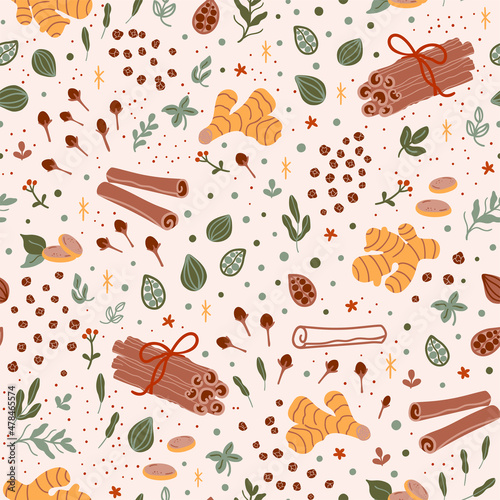 Spicy tea pattern. Spiced tea seamless background. Cartoon cinnamon, ginger, black paper, cardamon, clove. Flavor ingredients, masala tea vector hand drawn illustration. Chai tea print.