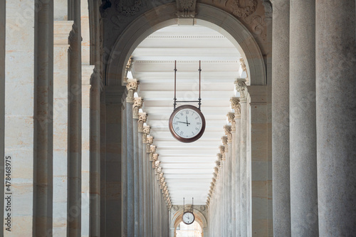 Mill colonnade clock in Karlovy Vary. Travel to Czech Republic. Beautiful architecture landmark.