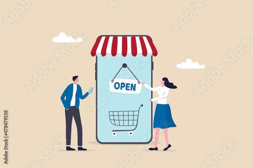 Open online shop or store website for e-commerce to sell product concept, businesswoman flip the open sign on mobile website online store with customer waiting to buy retail products.