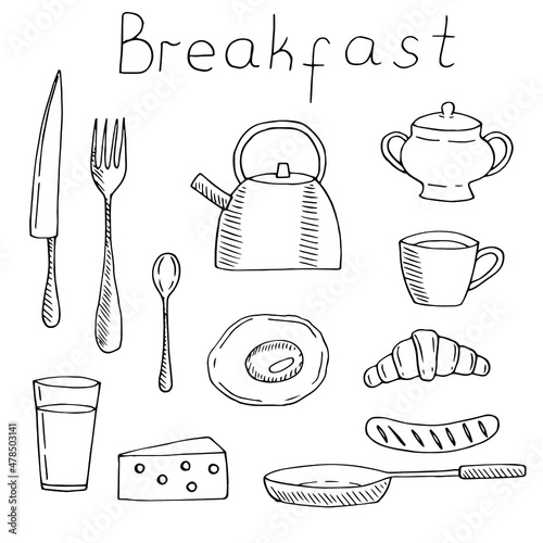Breakfast set vector illustration, hand drawing sketch