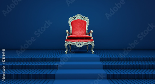 Red royal chair on a blue background, VIP throne, Red royal throne, 3d render
