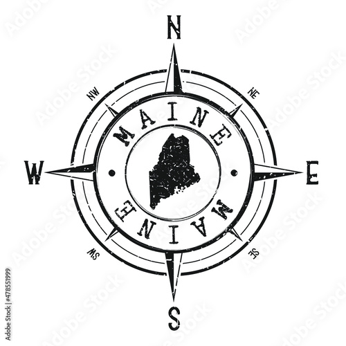 Maine, USA Stamp Map Compass Adventure. Illustration Travel Country Symbol. Seal Expedition Wind Rose Icon.