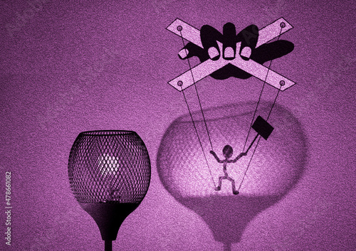 Gaslight with silhouette of puppet on strings being manipulated by a hand in shadow cast by the lamp on wall, political gaslighting concept illustration