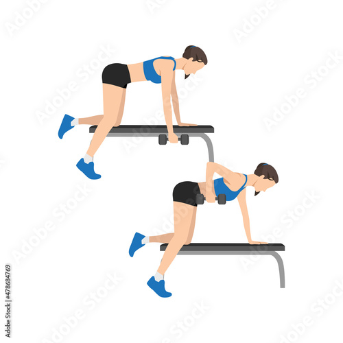 Woman doing Single arm bent over row exercise. Flat vector illustration isolated on white background. workout character set