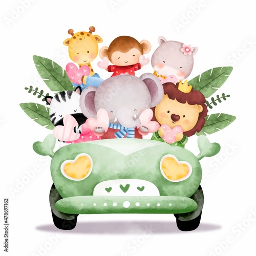 Watercolor cute safari animal in car 