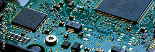 Macro Close up of components and microchips on PC circuit board