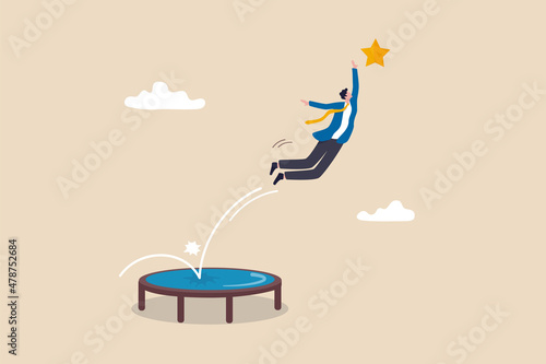 Reach success, improvement or career development, business tools advantage to reach goal or target, growth and achievement concept, businessman bounce on trampoline jump flying high to grab star.