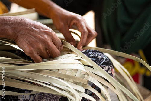 Close-up of the traditional weaving done by the indigenous people using the bur rush plant leaves. Selective focus points