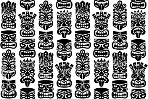 Tiki pole totem vector seamless pattern - traditional statue or mask repetitve design from Polynesia and Hawaii 