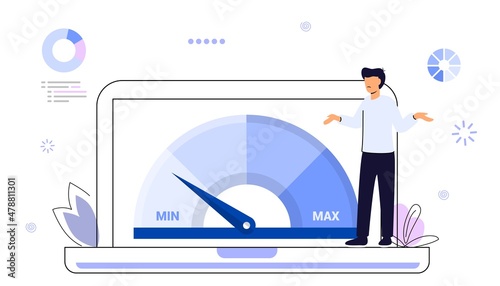 Website loading optimization Page speed and SEO Flat vector concept illustration Website speed Loading time Page optimization Speed test metering dial Slow loading of media content Signal quality