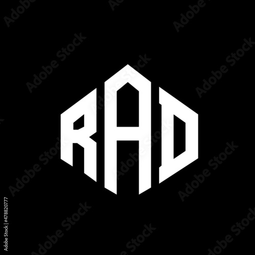 RAD letter logo design with polygon shape. RAD polygon and cube shape logo design. RAD hexagon vector logo template white and black colors. RAD monogram, business and real estate logo.