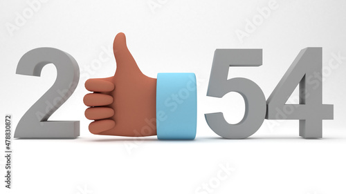 3D illustration of year 2054 with a thumbs up hand