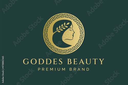 Beauty athena goddess with greek circle ornate logo brand