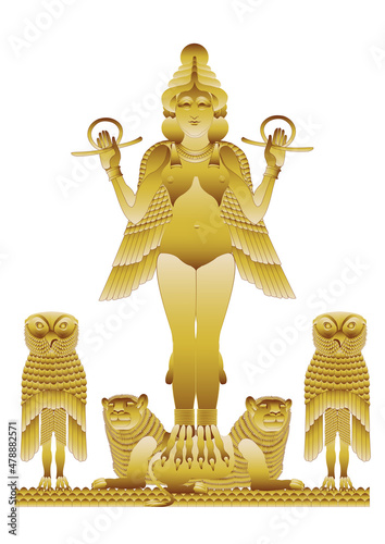 Queen of the Night. A likely representation of either Ereshkigal or Ishtar. Graphic concept of the Burney Relief. Southern Mesopotamian. Old-Babylonian period. Dated it between 1800 - 1750 BCE