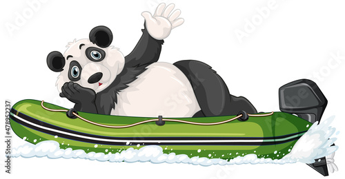 Panda on a motor inflatable boat in cartoon style